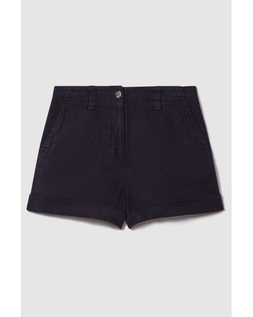 Reiss Black Demi - Navy Linen Garment Dyed Shorts