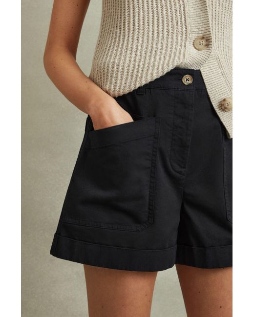 Reiss Brown Nova - Navy Cotton Blend Shorts With Turned-up Hems