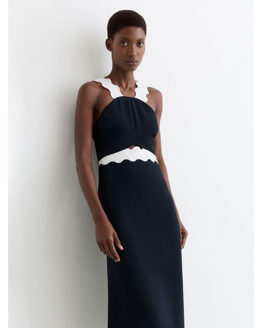 Reiss White Contrast Wave-Trim Fitted Midi Dress