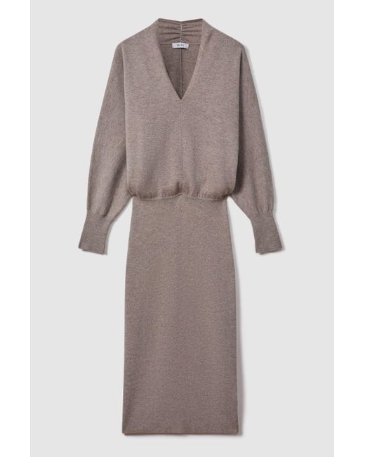 Reiss Gray Sally - Neutral Wool Blend Midi Dress