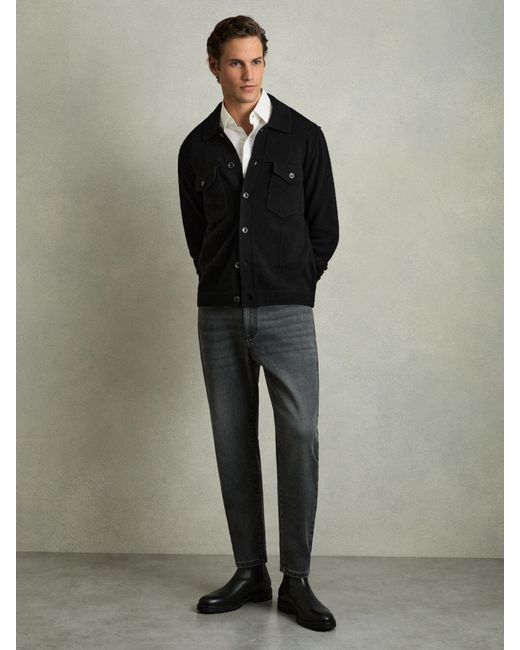 Reiss Black Wool Button Through Knitted Jacket for men