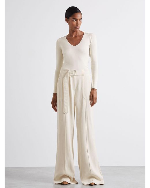 Reiss White Atelier Wide Leg Crepe Trousers With Wool