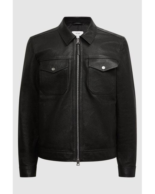 Reiss Carp - Black Leather Zip Through Jacket for men