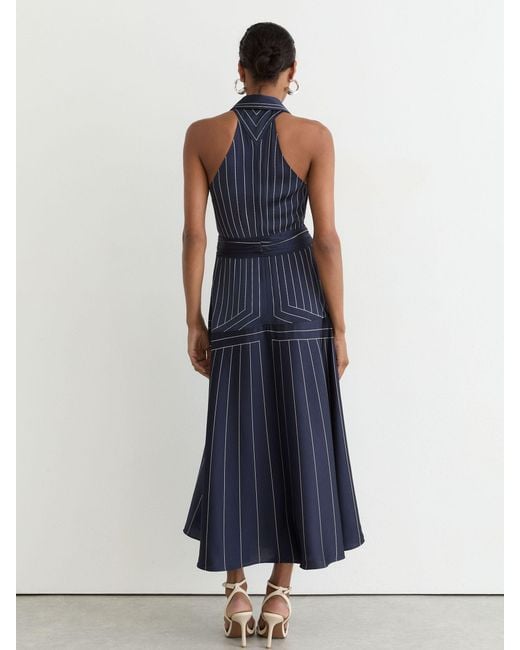 Reiss Blue Striped Sleeveless Collared Midi Dress