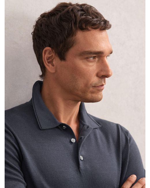 Reiss Blue Trafford Merino Wool Long-Sleeve Polo Shirt for men