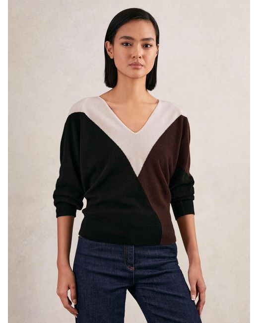 Reiss Black Burgundy & Cream Wool-Blend Colourblock Knit Jumper With Cashmere