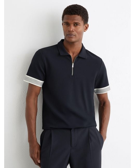 Reiss Blue Bruno - Navy Sleeve-trim Half-zip Polo Shirt, L for men