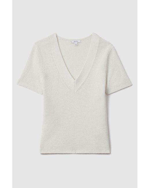 Reiss Natural Rosie - Ivory Cotton Blend Knitted V-neck Top, L