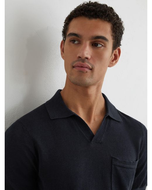 Reiss Black Fairmont - Navy Linen Open-collar Knit Polo Shirt, M for men