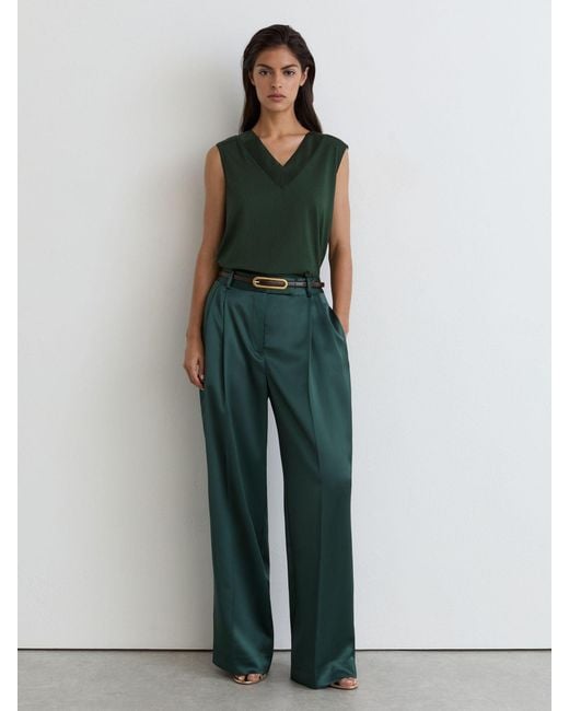 Reiss Kallie - Teal Green Cotton-modal Silk-trim Sleeveless Top, M