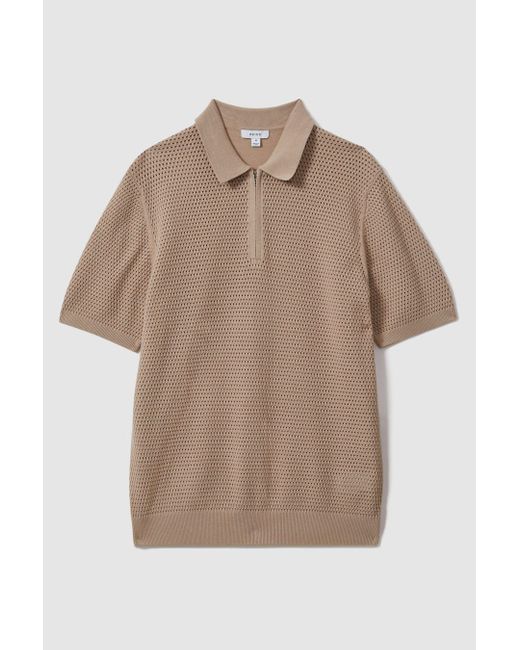 Reiss Brown Burnham - Taupe Cotton Blend Textured Half Zip Polo Shirt for men