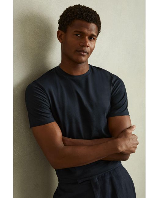 Reiss Blue Rialto - Navy Mercerised Jacquard Crew Neck T-shirt for men