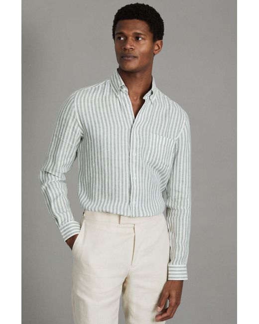 Reiss Gray Queens - Sage Bengal Stripe Linen Button-down Collar Shirt, Xs for men
