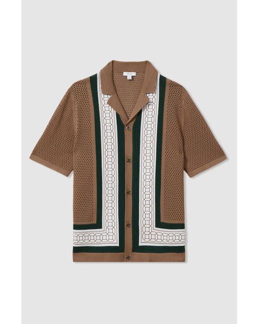 Reiss Jensen - Camel/green Embroidered Cuban Collar Shirt, Xl for men
