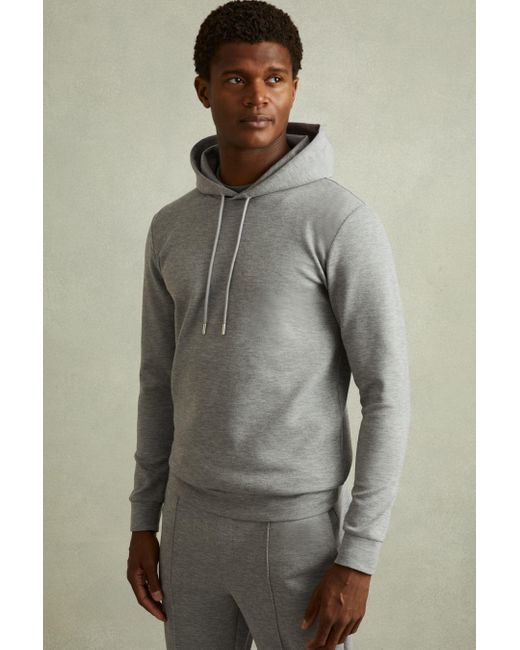 Reiss Gray Fabien - Grey Melange Interlock Jersey Hoodie for men