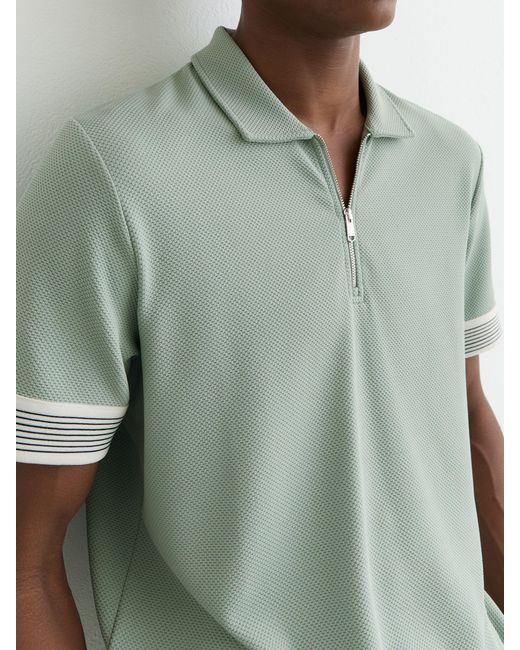 Reiss Bruno - Mint Green Sleeve-trim Half-zip Polo Shirt, M for men