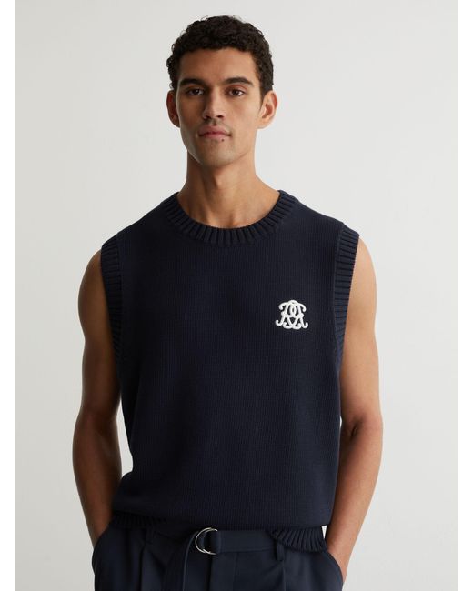 Reiss Blue Monogram Embroidered Relaxed Knit Vest for men