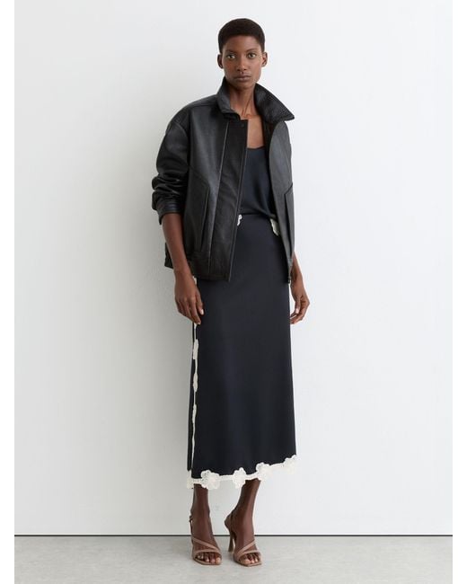 Reiss White Satin Floral-Lace Trim Midi Skirt