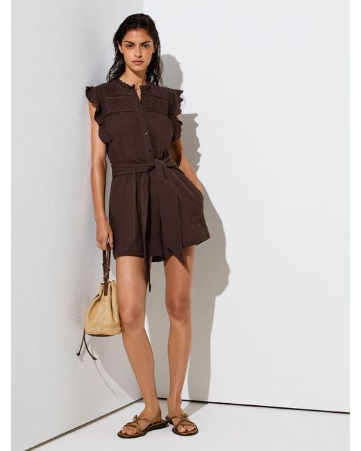 Reiss Brown Cotton Cheesecloth Ruffle-Detail Playsuit