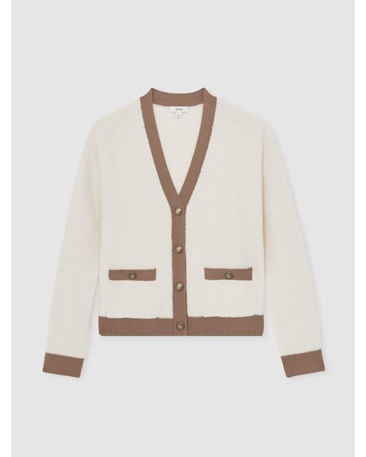 Reiss Natural Cream & Neutral Wool Colourblock Cardigan