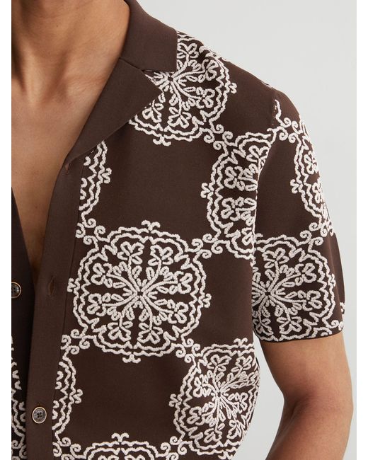 Reiss Brown Tobacco & Jacquard Knit Cuban-Collar Shirt for men