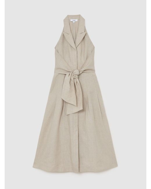 Reiss Natural Tara Neutral Linen Tie-Waist Tailored Midi Dress