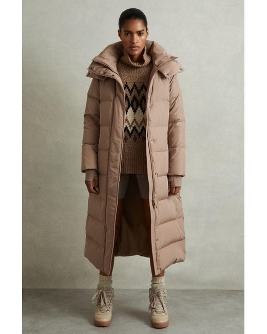 Reiss Natural Dalby - Mink Neutral Petite Longline Hooded Puffer Coat, Large (us 12-14)