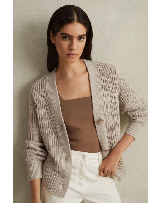 Reiss Brown Ariana - Neutral Cotton Blend Knitted Cardigan