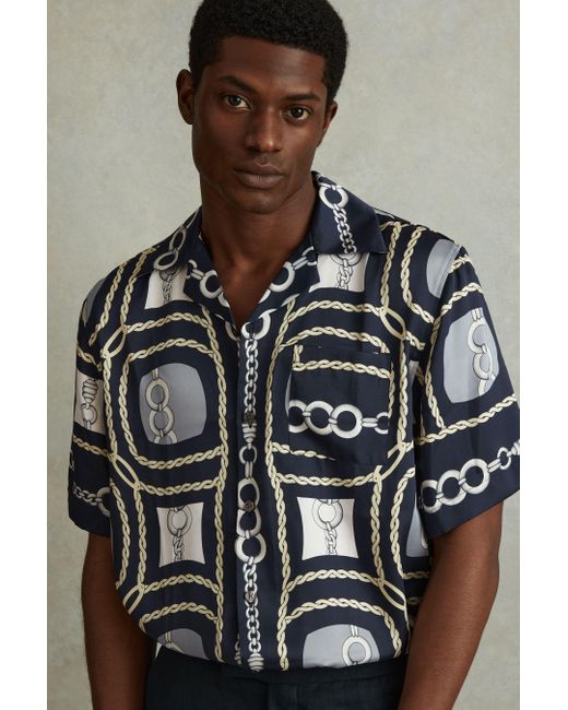 Reiss Blue Jenson - Navy Chain Print Cuban Collar Shirt for men