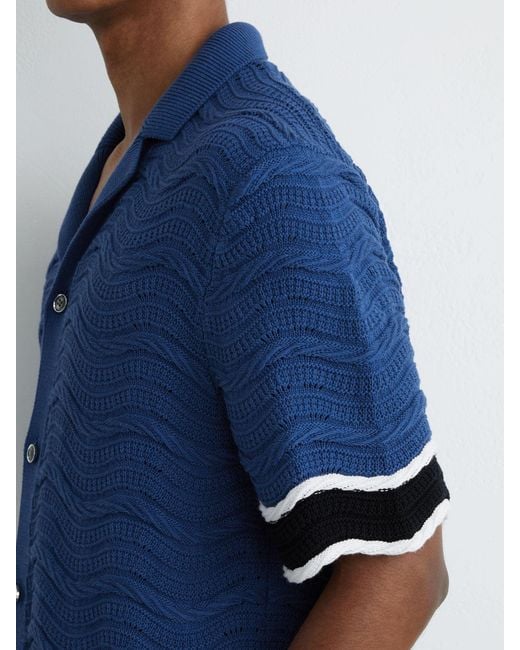 Reiss Blue Cotton-Blend Wave-Knit Tipped Shirt for men