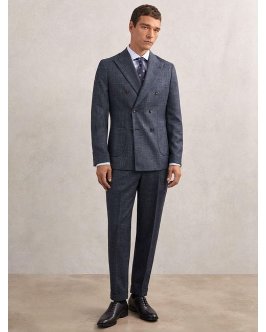 Reiss Blue Double-Breasted Herringbone Blazer Tailored-Fit Wool-Blend for men