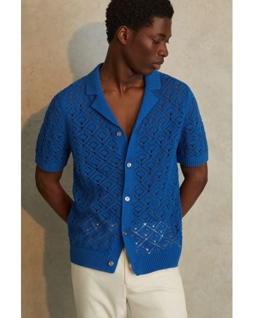 Reiss Corsica - Bright Blue Crochet Cuban Collar Shirt, Xl for men