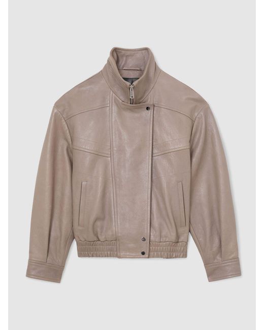 Reiss Natural Petra - Grey Petite Textured Leather Oversized Jacket, Us 8