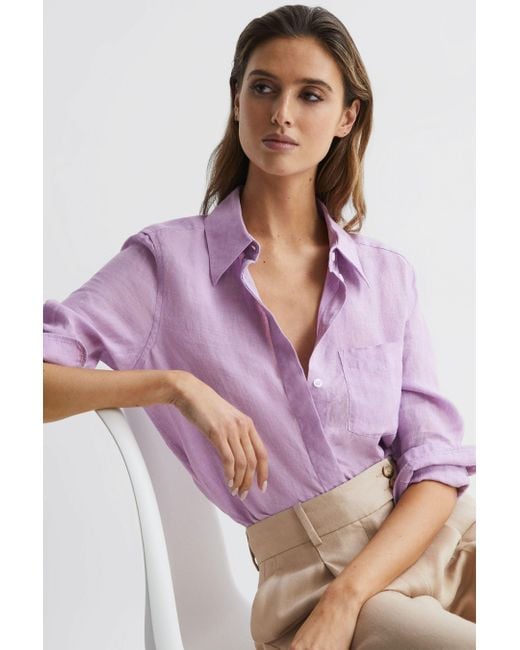 Reiss Purple Campbell - Lilac Linen Long Sleeve Shirt, Us 10