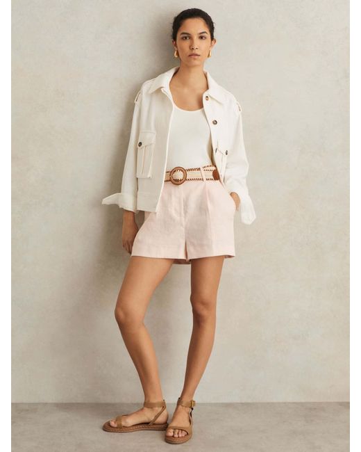 Reiss Natural Linen Pleat-Front Belted Shorts