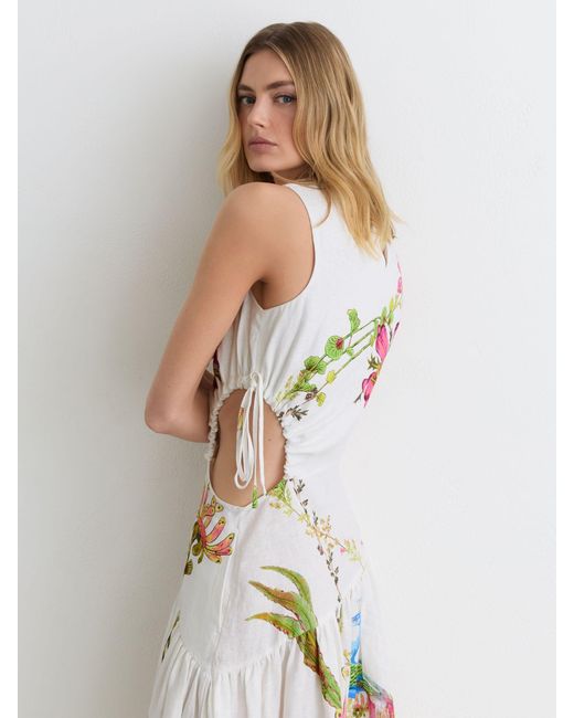 Reiss White Bianca - Ivory Linen Floral-print Cut-out Midi Dress, Us 12