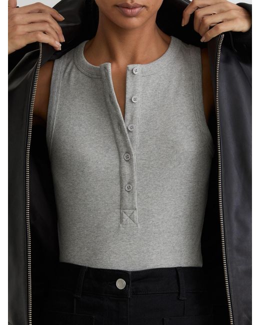 Reiss Gray Stretch-Cotton Ribbed Henley Vest