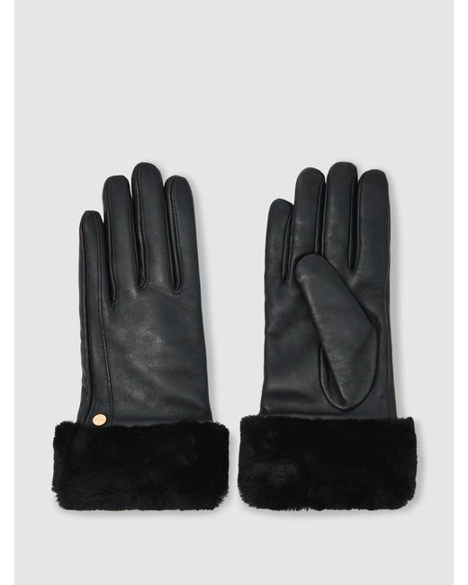 Reiss Black Shearling Cuff Leather Gloves, M & L