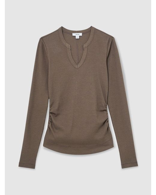 Reiss Brown Stretch-Cotton Notch-Neck Top