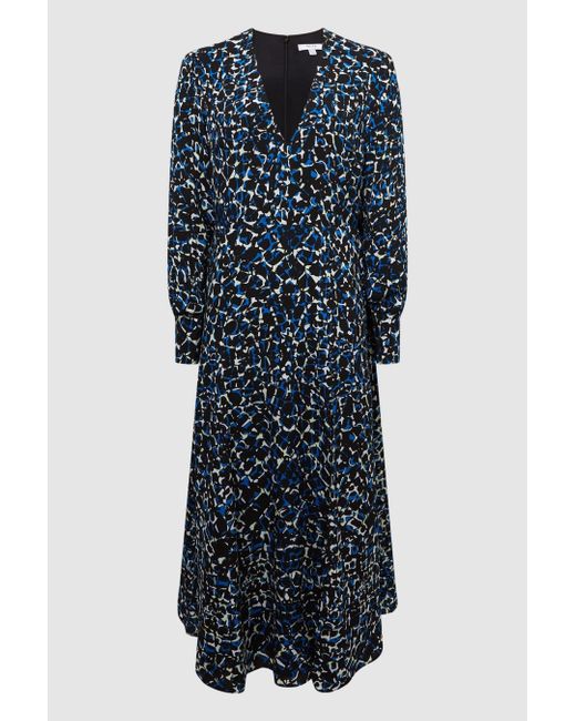 Reiss Greta - Navy/blue Long Sleeve Printed Midi Dress, Us 12