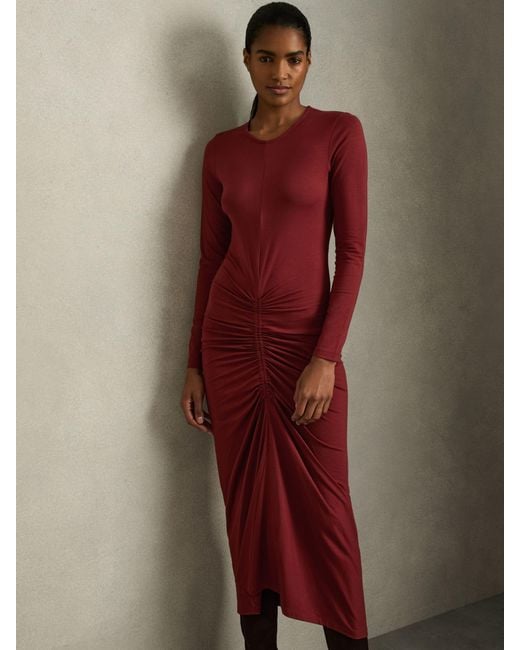 Reiss Red Ruched Jersey Midi Dress