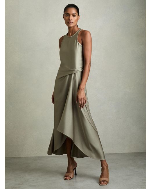 Reiss Green Satin Drape Tuck Midi Dress