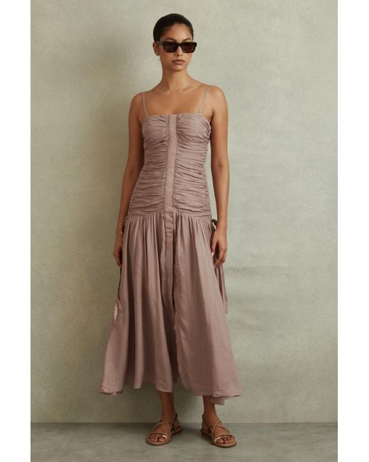 Reiss Brown Ryder - Dusty Pink Viscose Linen Ruched Maxi Dress