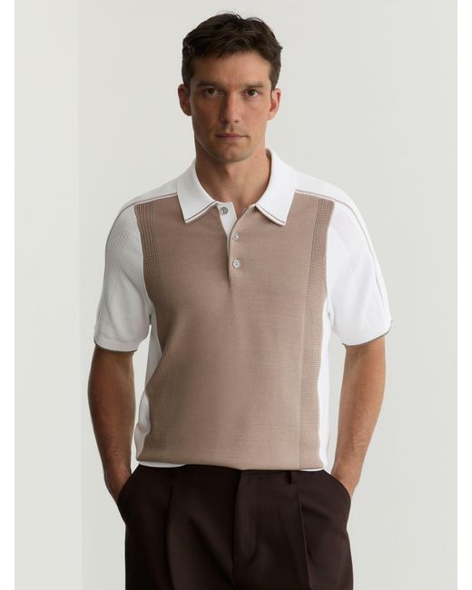 Reiss Natural Camel & Colour-Block Knitted Polo Shirt for men
