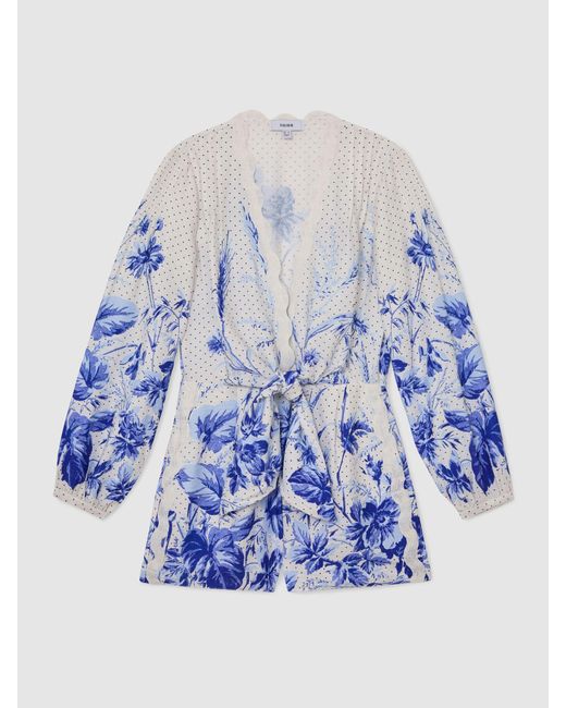 Reiss White Bonnie - Blue/ivory Scarf-print Beach Cover-up Playsuit, Us 10