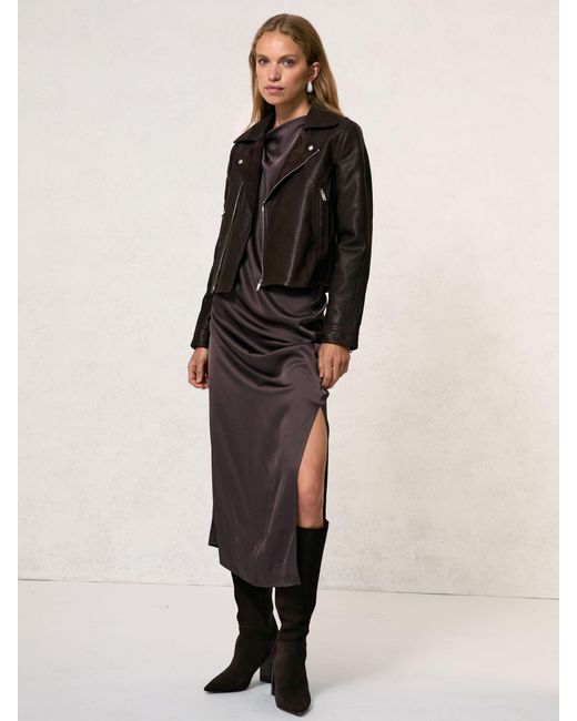 Reiss Black Petite Suede-Lapel Leather Biker Jacket
