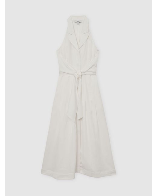 Reiss White Sleeveless Tie-Front Midi Dress With Linen