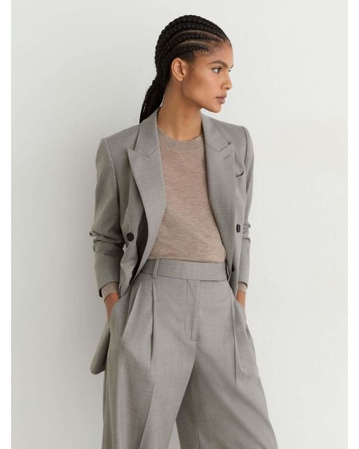Reiss Gray Wool-Blend Wide-Leg Pleated Trousers