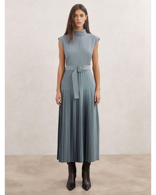 Reiss Blue Roll-Neck Belted Pleated Midi Dress
