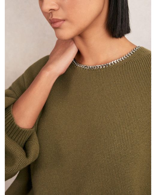 Reiss Green Wool-Blend Necklace-Trim Jumper With Cashmere
